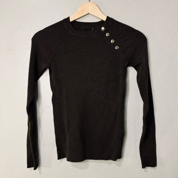 Ribbed Sweater Button-Trim Cotton-Blend Knit Long Sleeve Top Hunter green SZ XS - Picture 3 of 16